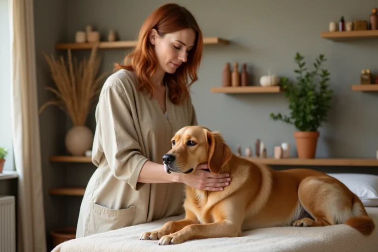Praticienne en soin énergétique effectuant une séance de reiki sur un golden retriever détendu dans un studio holistique naturel