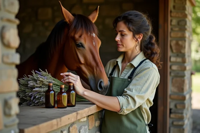 Herboriste vétérinaire appliquant un soin phytothérapeutique naturel sur un cheval dans une écurie en pierre