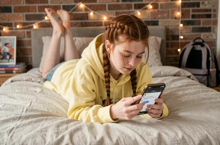 Adolescente sdraiata sul letto che impara a sottolineare una parola in un SMS su iPhone