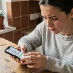 Femme cherchant comment souligner un mot dans un SMS sur son smartphone dans une cuisine moderne