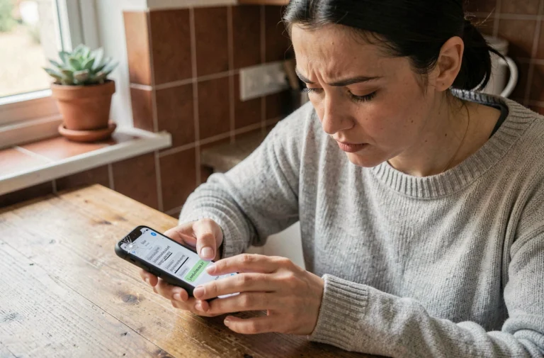 Femme cherchant comment souligner un mot dans un SMS sur son smartphone dans une cuisine moderne