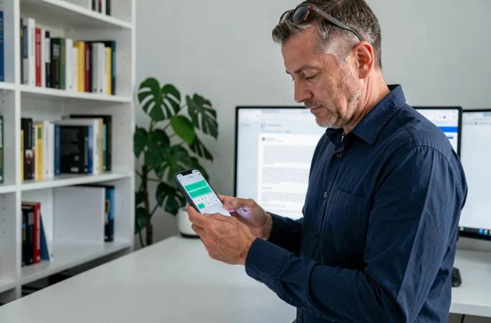 Uomo in smart working che utilizza le opzioni di formattazione per sottolineare del testo in un SMS su Android