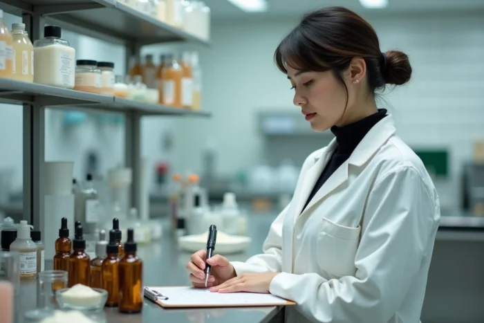 Spécialiste en formulation cosmétique analysant des ingrédients dans un laboratoire de recherche beauté