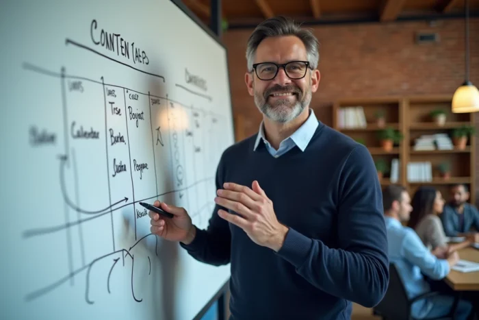 Entrepreneur présentant une stratégie de marketing digital devant un tableau blanc dans une agence créative