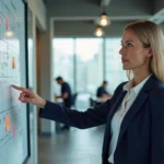 Professionnelle en marketing présentant une stratégie sur tableau blanc dans un bureau moderne