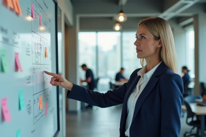 Professionnelle en marketing présentant une stratégie sur tableau blanc dans un bureau moderne