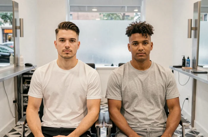 Deux hommes présentant différents styles de coupe dégradé bas dans un barbershop moderne et minimaliste