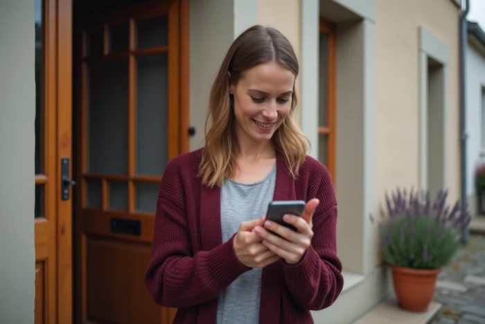 Femme consultant les délais de livraison Vinted Go sur son téléphone à sa porte d'entrée