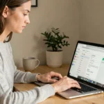 Femme modifiant les paramètres du moteur de recherche dans Google Chrome sur un ordinateur portable