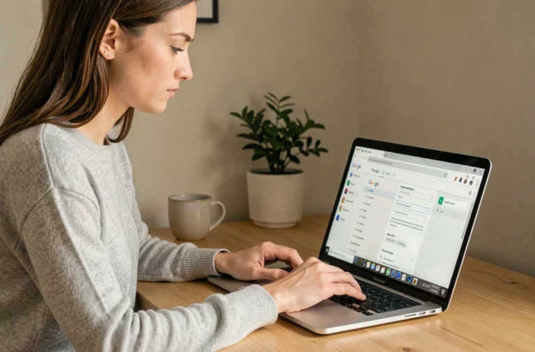 Femme modifiant les paramètres du moteur de recherche dans Google Chrome sur un ordinateur portable