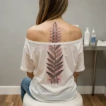 Femme de dos avec un tatouage sur la colonne vertébrale en cours de cicatrisation dans un studio de tatouage moderne