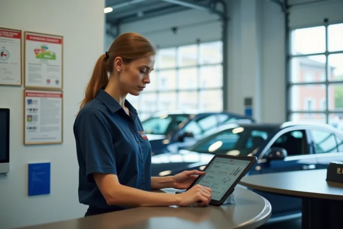Technicienne de contrôle technique consultant le portail affilié Securitest sur une tablette dans l'espace administratif d'un garage