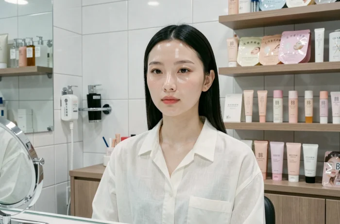 Junge japanische Frau in einem modernen Schönheitssalon in Tokio, umgeben von Pflegeprodukten, die die zeitgenössischen Schönheitstrends in Japan repräsentieren