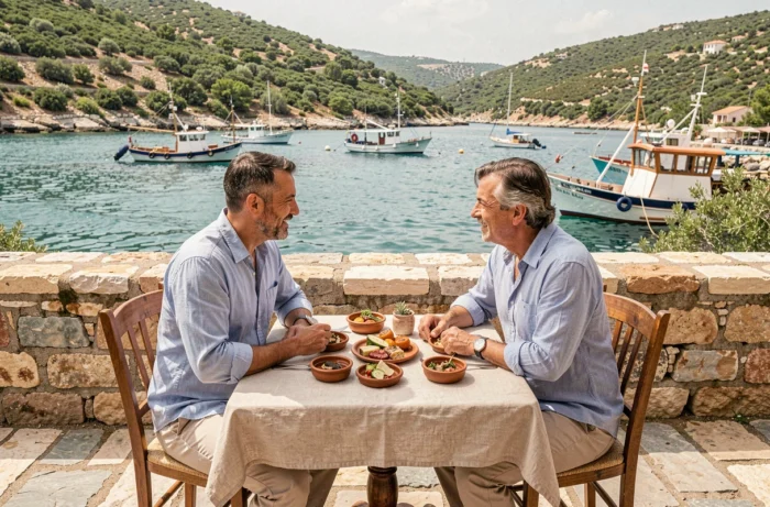 Coppia che gusta un pasto tradizionale cipriota in terrazza di fronte al porto di Paphos durante un viaggio a Cipro ad aprile