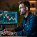 Trader crypto analysant des graphiques blockchain sur plusieurs écrans dans un bureau moderne