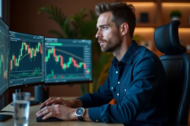 Trader crypto analysant des graphiques blockchain sur plusieurs écrans dans un bureau moderne