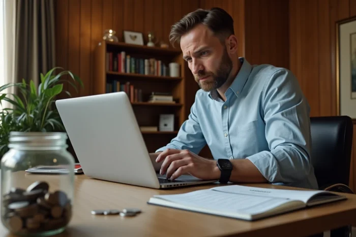 Homme examinant son épargne de sécurité et son budget sur un bureau avant le lancement de son entreprise