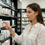 Femme choisissant des soins Typology dans un rayon Sephora avec des produits minimalistes alignés sur les étagères