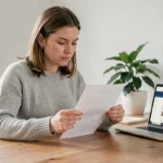 Femme vérifiant l'adresse officielle de Padraz sur un document imprimé pour éviter les arnaques en ligne