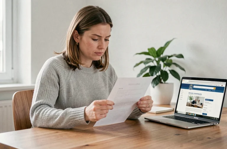Femme vérifiant l'adresse officielle de Padraz sur un document imprimé pour éviter les arnaques en ligne