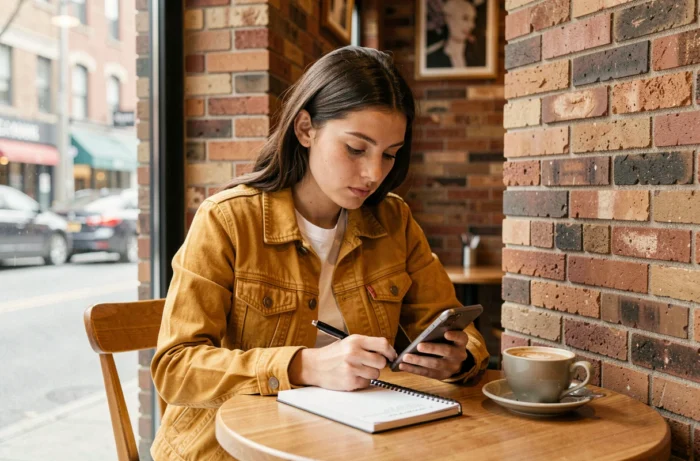 Jeune femme vérifiant l'adresse de Padraz sur son téléphone dans un café pour éviter les faux sites
