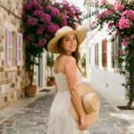Femme explorant les ruelles pittoresques de la vieille ville de Nicosie à Chypre en avril, entourée de bougainvillées et d'architecture traditionnelle