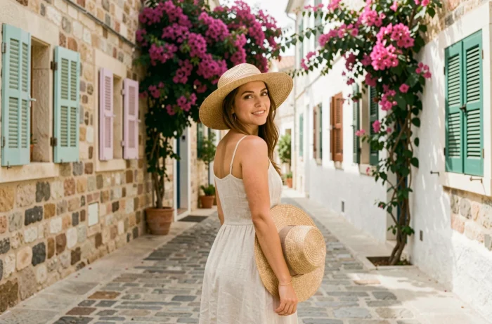 Femme explorant les ruelles pittoresques de la vieille ville de Nicosie à Chypre en avril, entourée de bougainvillées et d'architecture traditionnelle
