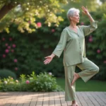 Femme de 60 ans pratiquant le yoga en plein air sur une terrasse en bois entourée d'un jardin verdoyant