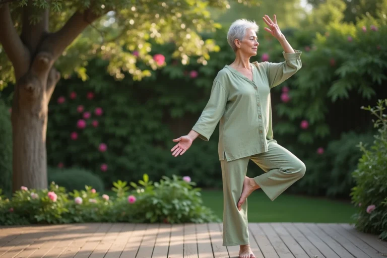 Femme de 60 ans pratiquant le yoga en plein air sur une terrasse en bois entourée d'un jardin verdoyant